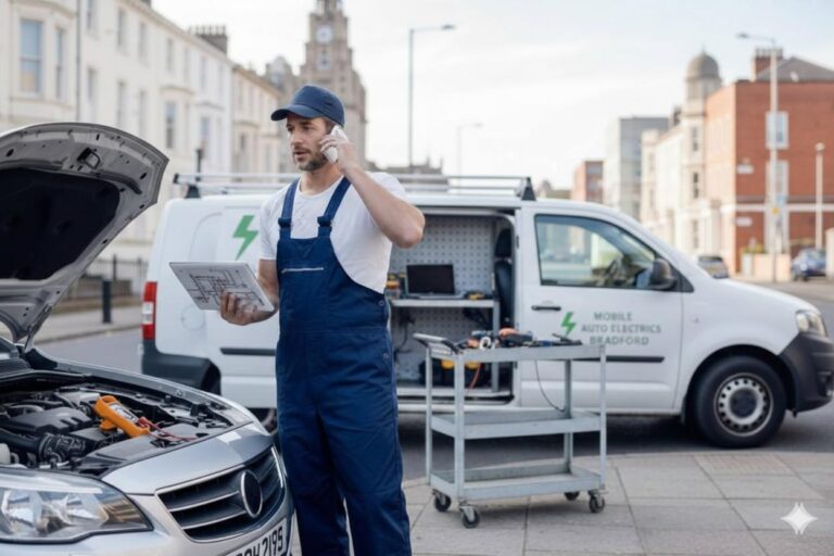 Professional mobile auto electrician in Bradford diagnosing a vehicle fault under the bonnet whilst on a call. About Mobile Auto Electrics.