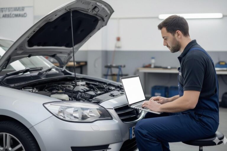 ADAS calibration in Bradford with a technician using a laptop to calibrate vehicle systems