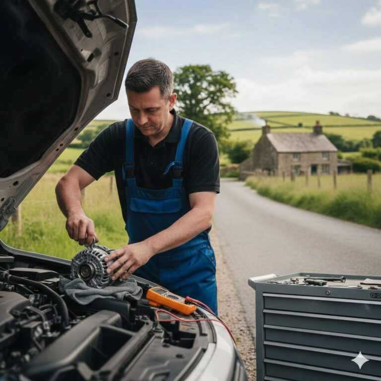 Mobile auto electrician carrying out alternator repair in Bradford on a roadside.