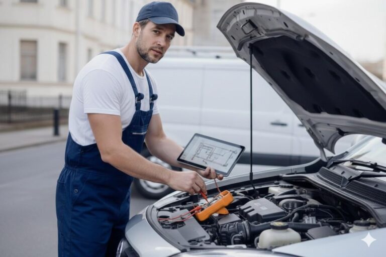 Mobile auto electrician in Bradford using a diagnostic tool under the bonnet of a car