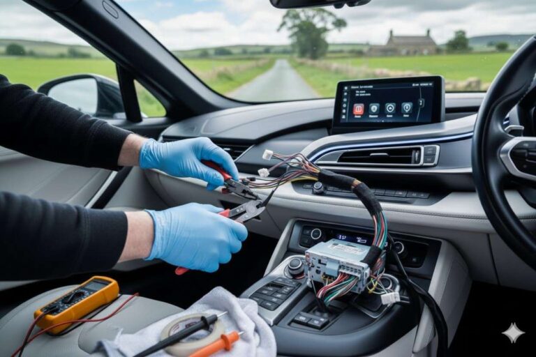 Car wiring repairs in Bradford with an auto electrician fixing internal vehicle wiring.