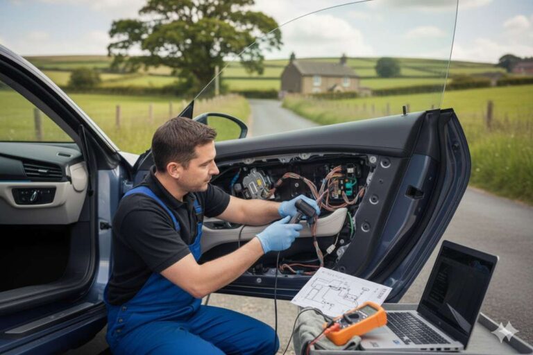 Mobile central locking repair in Bradford with an auto electrician fixing a car door lock.