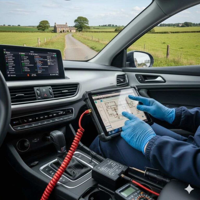 ECU coding and programming in Bradford with a technician using a diagnostic tool inside a car.