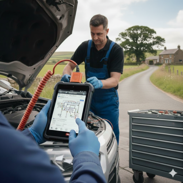 Two mobile auto electricians in Bradford checking a car with a diagnostic tool