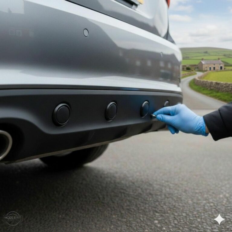 Parking sensors fitted in Bradford on the rear of a car by a technician.