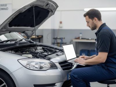 ADAS calibration in Bradford with a technician using a laptop to calibrate vehicle systems