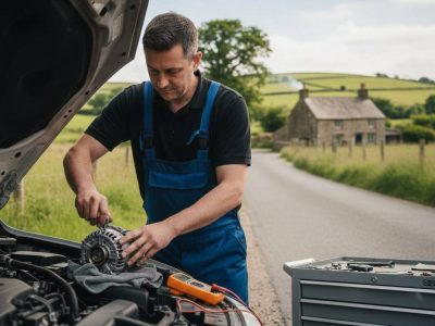 Mobile auto electrician carrying out alternator repair in Bradford on a roadside.