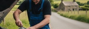 Mobile auto electrician carrying out alternator repair in Bradford on a roadside.