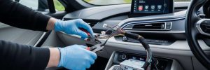 Car wiring repairs in Bradford with an auto electrician fixing internal vehicle wiring.