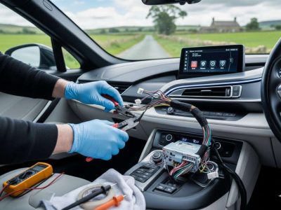 Car wiring repairs in Bradford with an auto electrician fixing internal vehicle wiring.