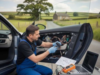 Mobile central locking repair in Bradford with an auto electrician fixing a car door lock.