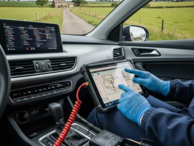 ECU coding and programming in Bradford with a technician using a diagnostic tool inside a car.