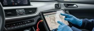 ECU coding and programming in Bradford with a technician using a diagnostic tool inside a car.