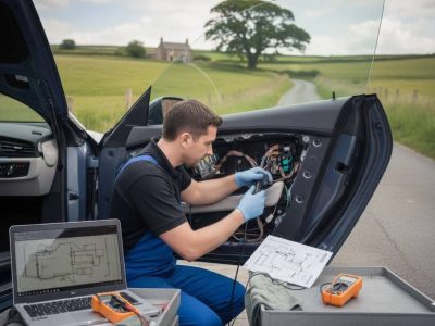Electric car window repair in Bradford with an auto electrician fixing a door window.
