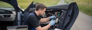 Electric car window repair in Bradford with an auto electrician fixing a door window.