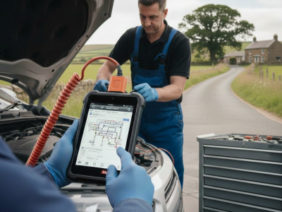 Two mobile auto electricians in Bradford checking a car with a diagnostic tool