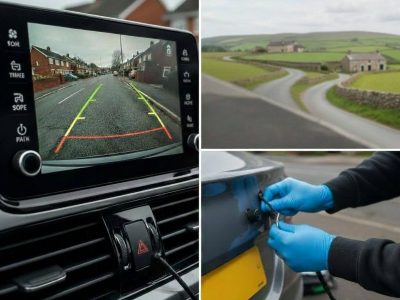 Reverse camera installation in Bradford by a technician working on a vehicle.